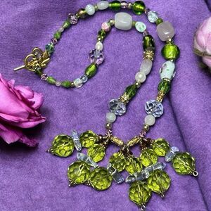 Handmade One of a Kind Green & Rock Crystal Rose Quartz Art Glass Necklace